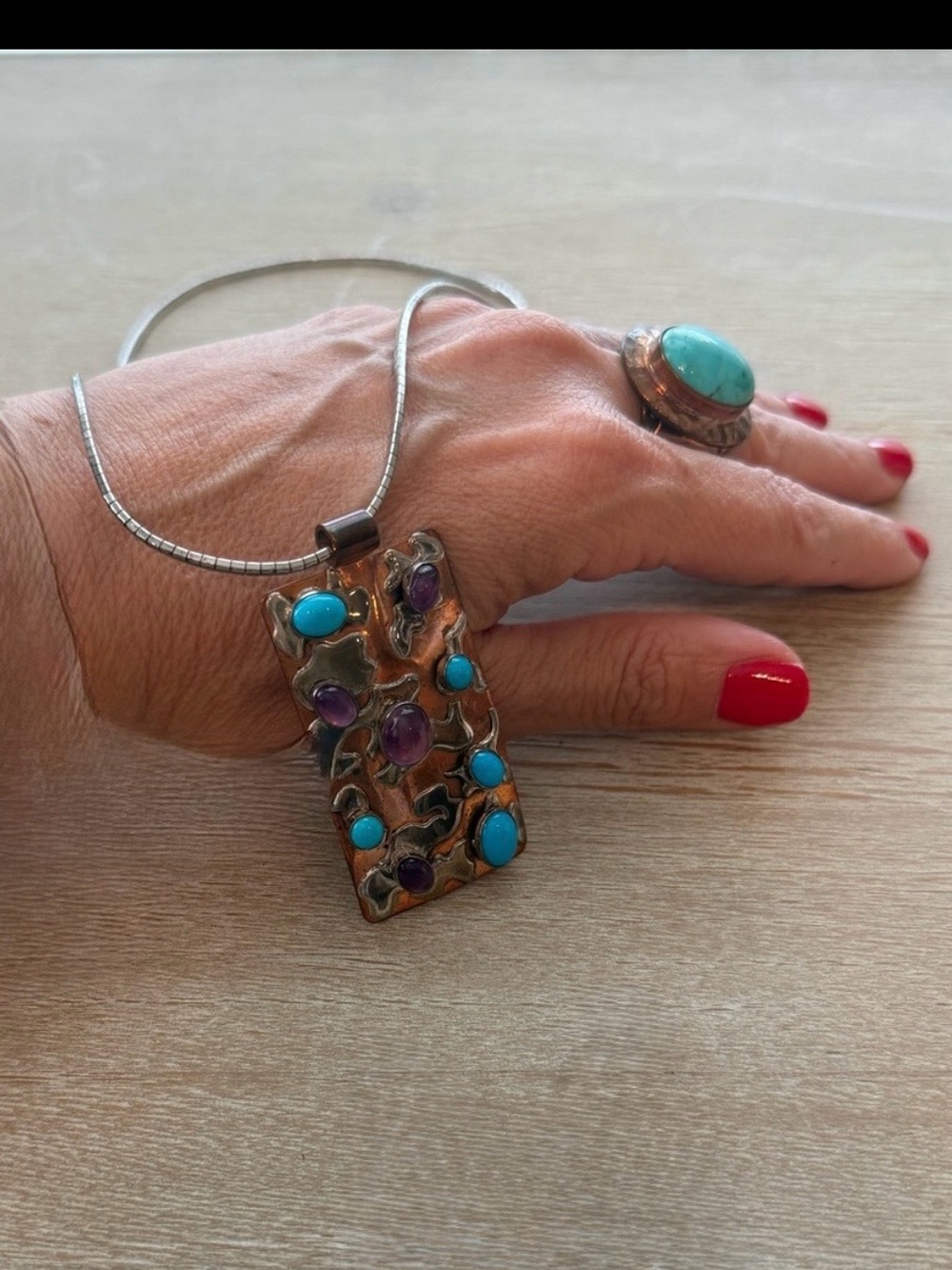 VTG Jay King DTR Turquoise Amethyst Copper Sterling Necklace Ring 2pc Set